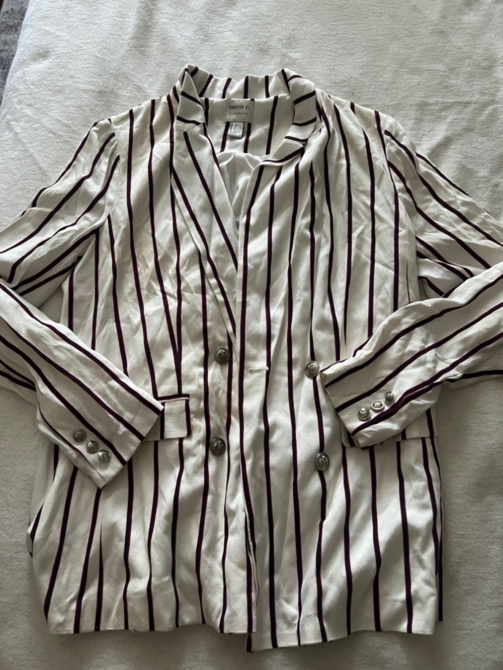 Forever 21 Striped Double-Breasted Blazer in White and Burgundy